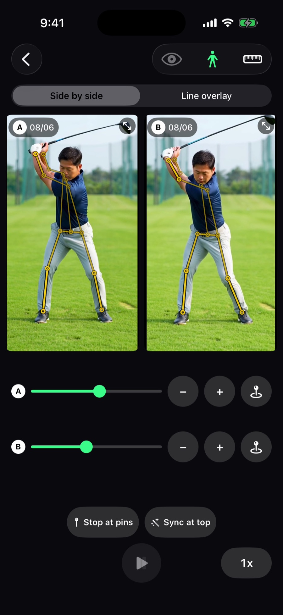 Two swings compared side by side in DashGolf